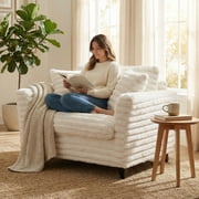 Tulib 46.5" Accent Chair, Corduroy Reading Chair with Pillows, Modern Arm Chair for Living Room Bedroom Office and Apartment, White