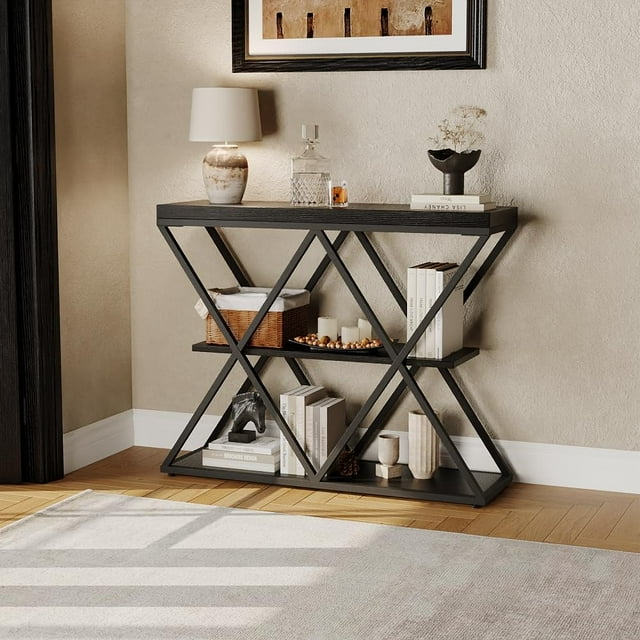 GloryStar Industrial Hallway Table, Rustic Vintage 3-Tier Console with Double X Metal Frame and Two Storage Shelves