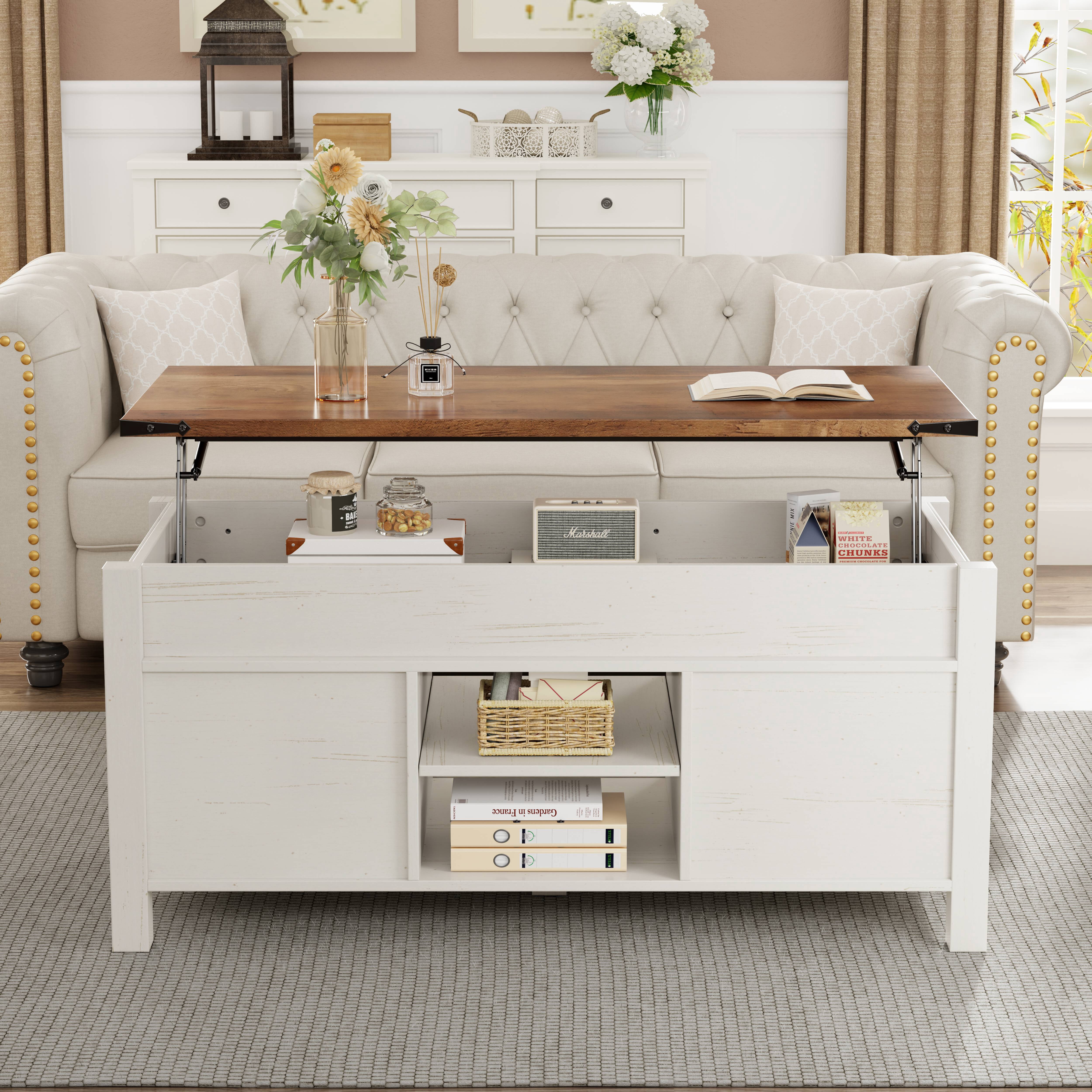 OKD 48" Farmhouse Lift Top Coffee Table with Sliding Barn Door, Rustic Center Table with Hidden Storage Compartment for Living Room, Office, Antique White