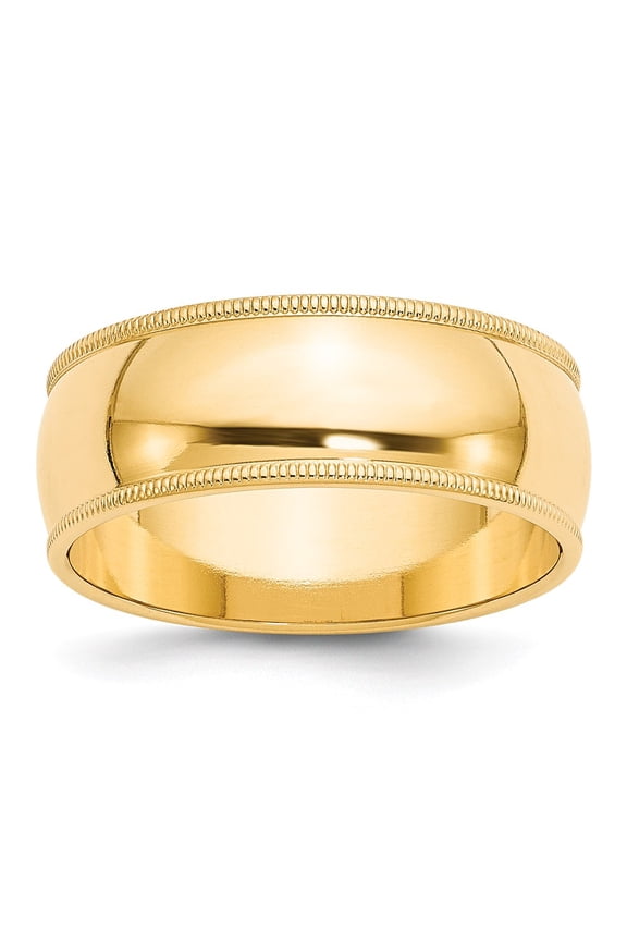 Real 14kt Yellow Gold 8mm Milgrain Half Round Band Size 14; for Adults and Teens; for Women and Men