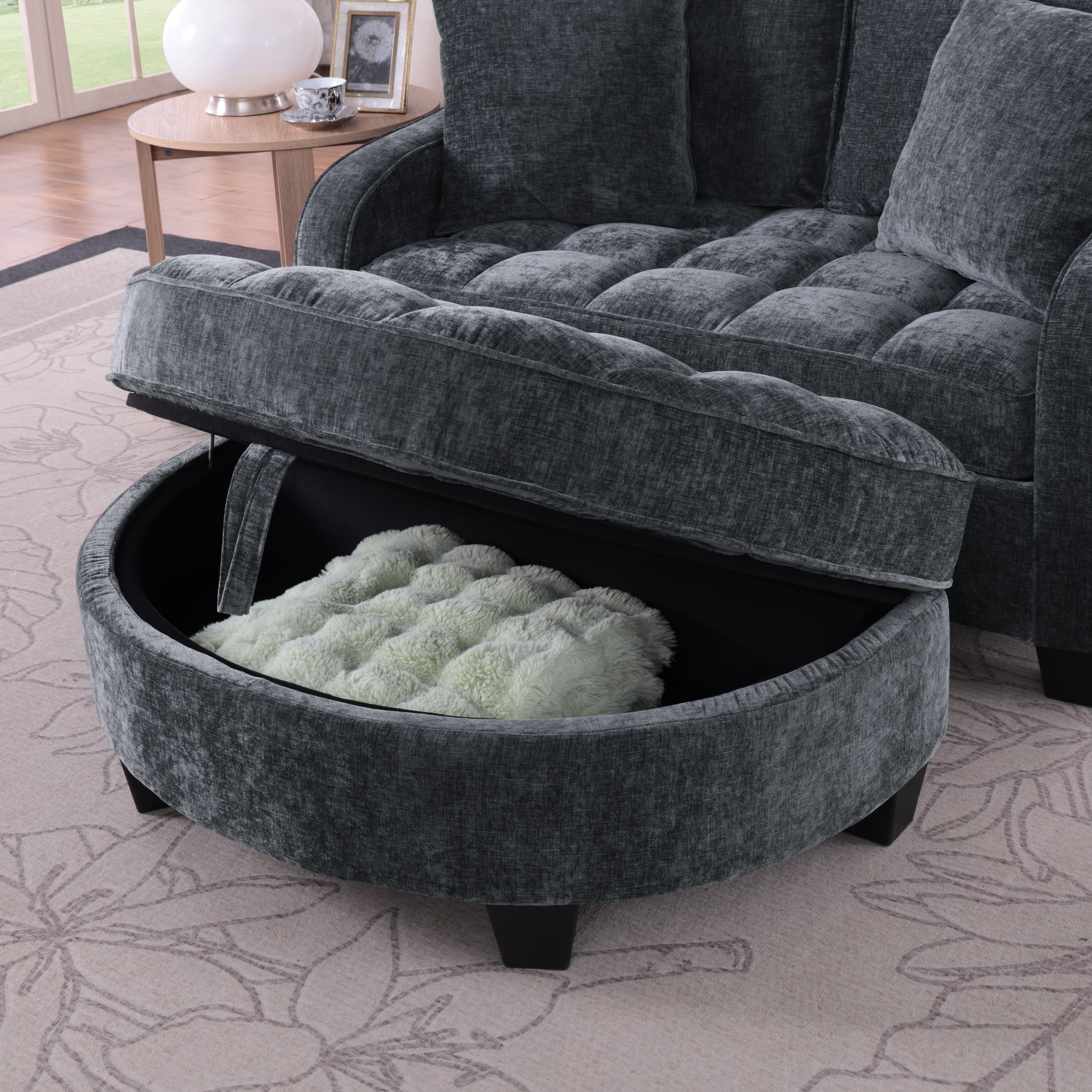 Aukfa Double Chaise Lounge Loveseat with Storage Ottoman & 2 Pillows, Modern Small Sectional Couch for Small Space,Black
