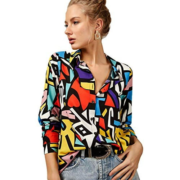 Blouses for Women Fashion, Casual Long Sleeve Button Down Shirts Tops, XS-3XL (red Yellow Mix Colors, Large)