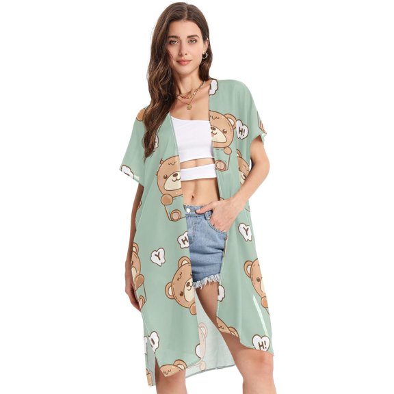 Beach Vacation Clothes Kimono Cardigan Loose Swimsuit Cover Up for Women Hi Cute Teddy Bear S