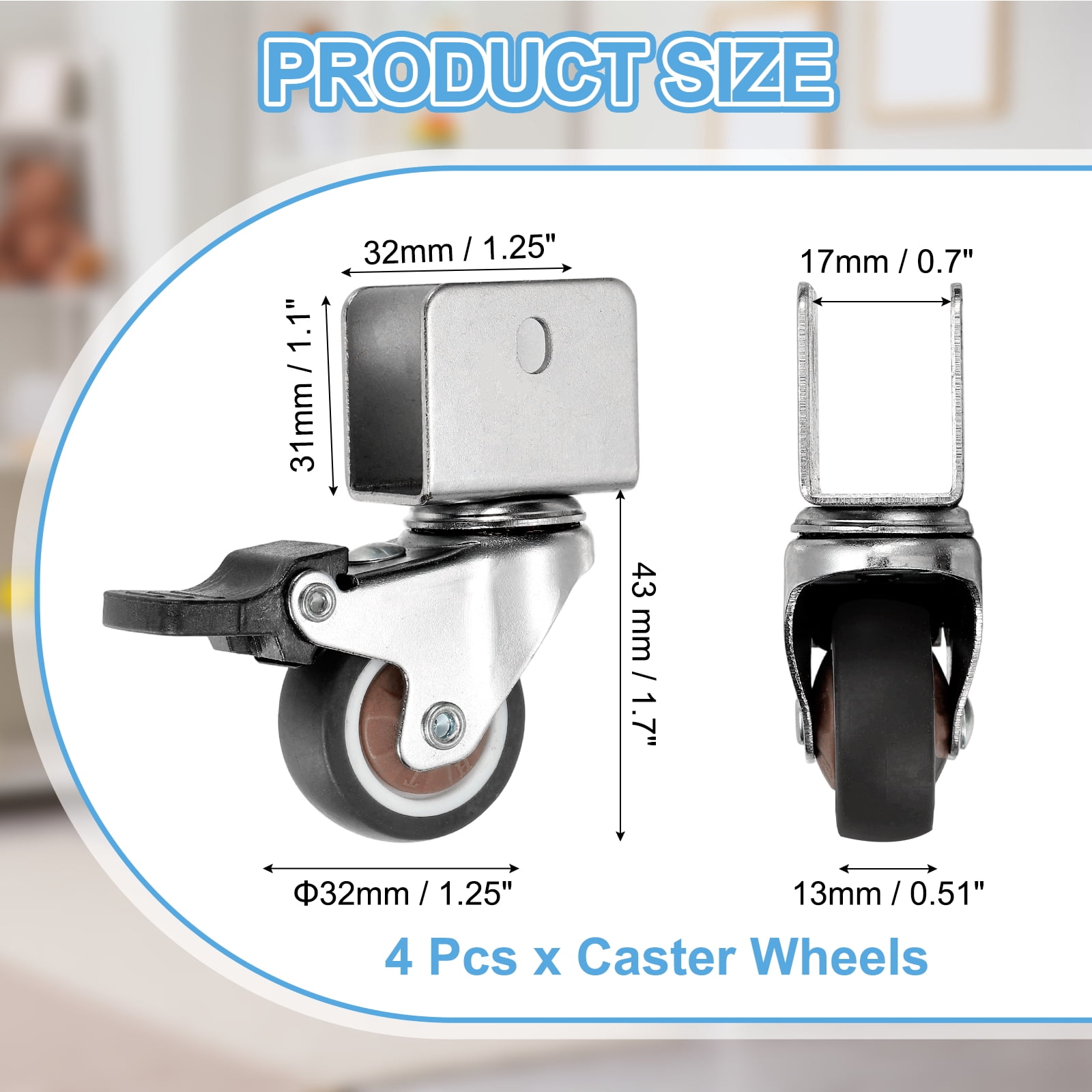 Uxcell Caster Wheels Swivel Casters for Furniture Office Chairs Carts with Break, 0.7" U Bracket 1.25"