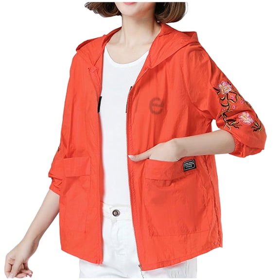 Olyvenn Women's Embroidery Floral Jackets Thin Coat Waterproof Windbreaker Female Hooded Casual Jacket Outerwear Red M
