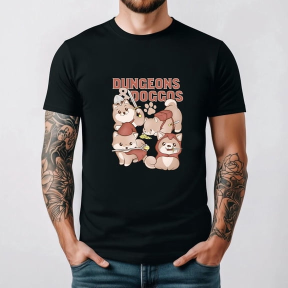 Dungeons And Doggos Gaming Power Teams For Fun With Design Funny Unisex T-Shirt, for men & women, up to size 5XL.