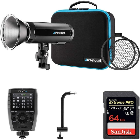 Westcott FJ200 200W Strobe with AC/DC Lithium Polymer Battery | FJ-X2m Wireless Flash Trigger, 8" Extension Arm & 64GB SDXC Memory Card Bundle