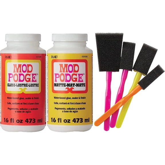 Mod Podge Complete Decoupage Kit-Two 16oz Bottles Waterbase Sealer/Glue (Matte Gloss Finish) with 4-pk Foam Brush Set, Clear