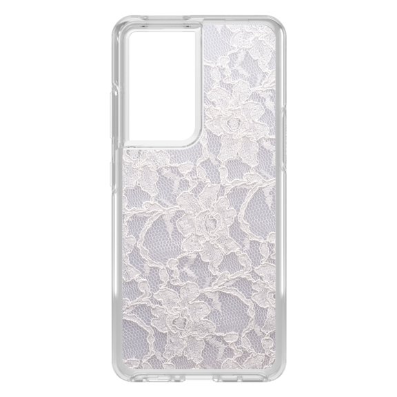 DistinctInk Clear Shockproof Hybrid Case for Galaxy S21 ULTRA 5G (6.8" Screen) - TPU Bumper, Acrylic Back, Tempered Glass Screen Protector - White Lace Wedding