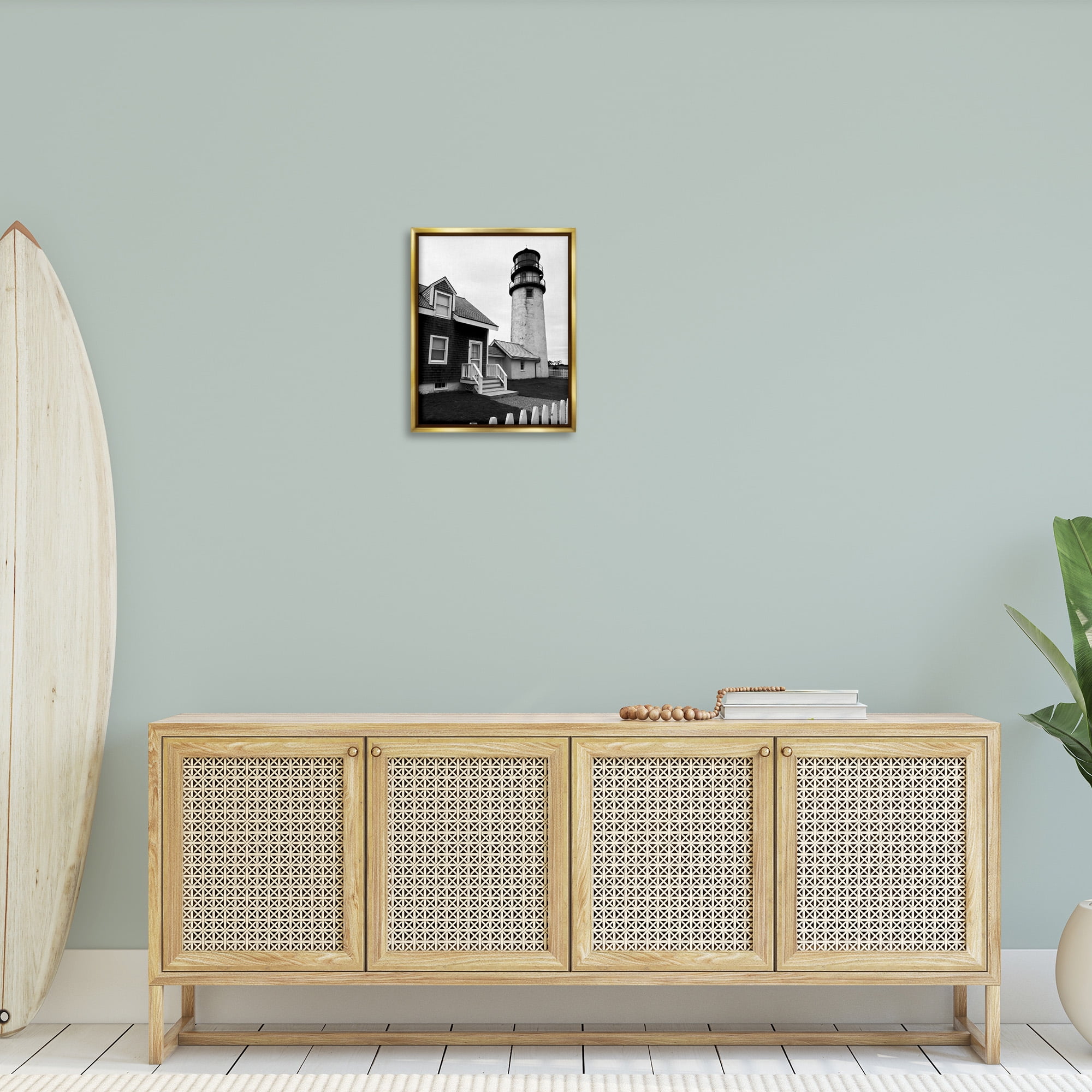 Stupell Industries Coastal Lighthouse with Fence Nature Photography Gold Floater Framed Canvas Art Print Wall Art, 17 x 21