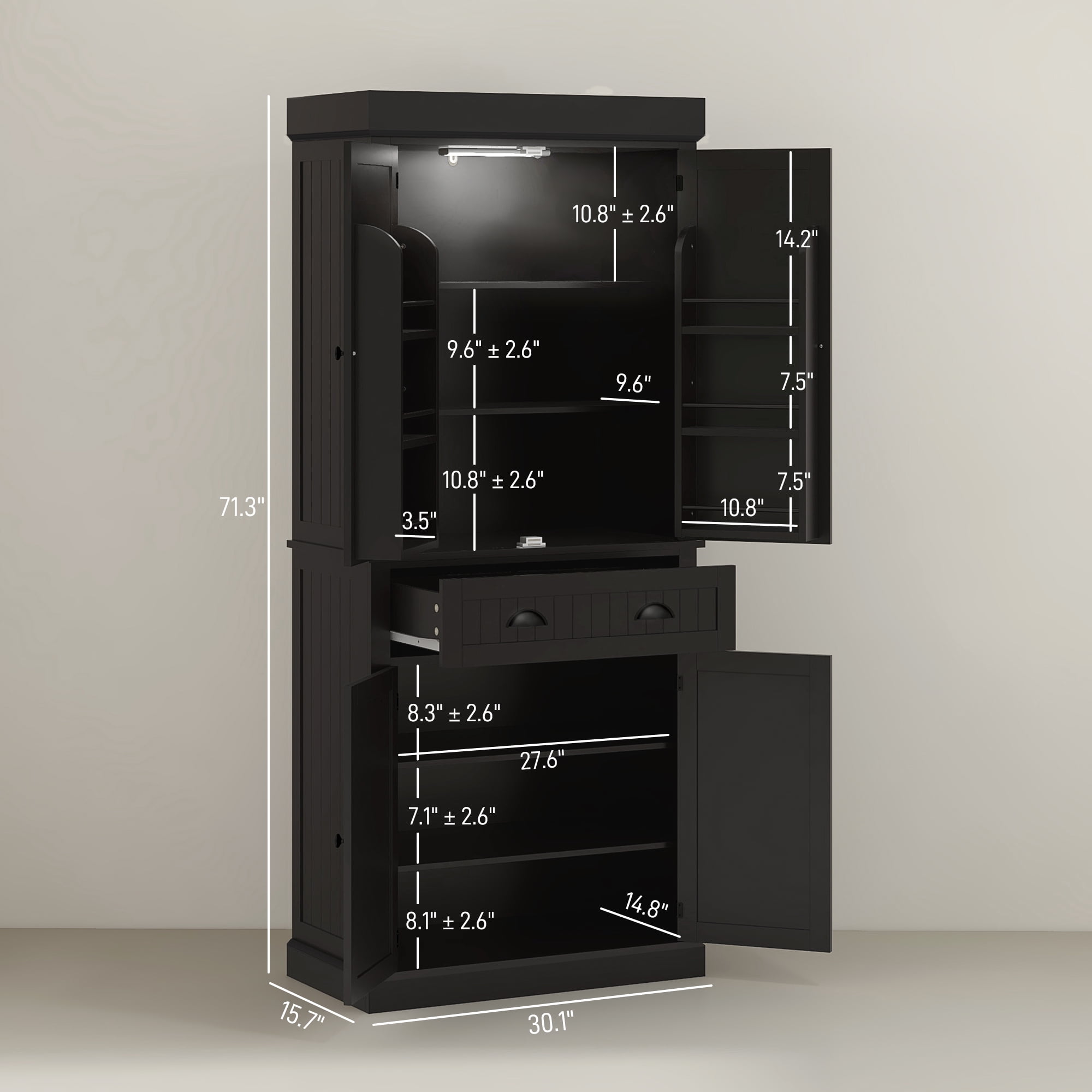 HOMCOM 71" LED Kitchen Pantry Cabinet, Tall Storage Cabinet with 6 Door Shelves, a Drawer and 4 Adjustable Shelves, Black