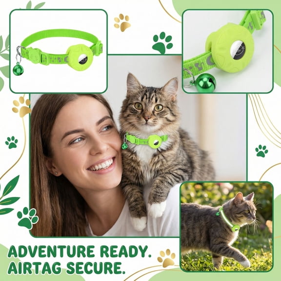 Cat Collar Tracker, Kitten Collar with Bell, Cat Collar Airtag, Adjustable Nylon, Reflective Accents, Green Housing, 1 Pc