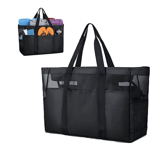 AOMRCOL Mesh Beach Bag, Large Beach Tote Bag 9 Pockets, Foldable Swim Large Beach Tote Bag with Zipper Pockets Waterproof Sandproof
