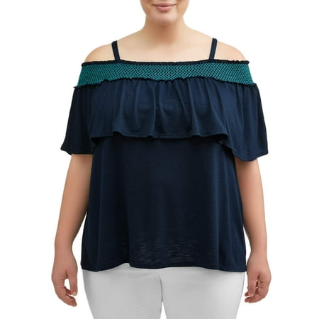 Off Shoulder Smock - Women's Plus Size Smocked Off Shoulder Blouse with Ruffles