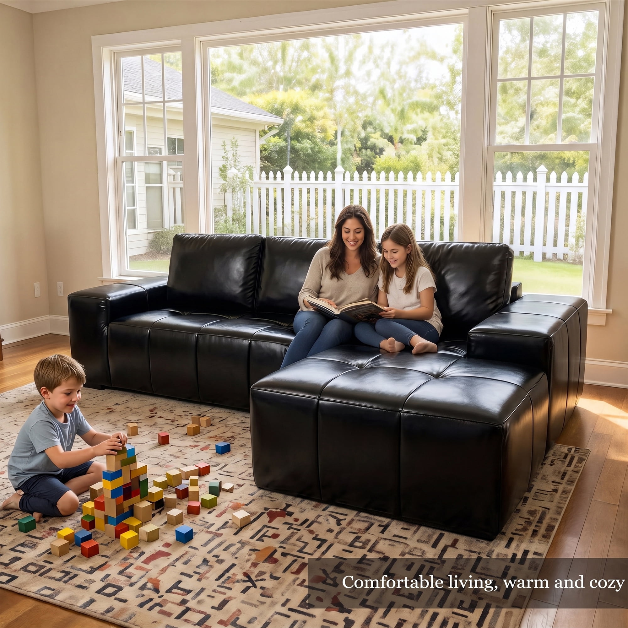 Aukfa 115" Leather Cloud Sectional Sofa Oversized Boneless Couch Modular L-Shaped Sofa for Living Room, Right Chaise, Black