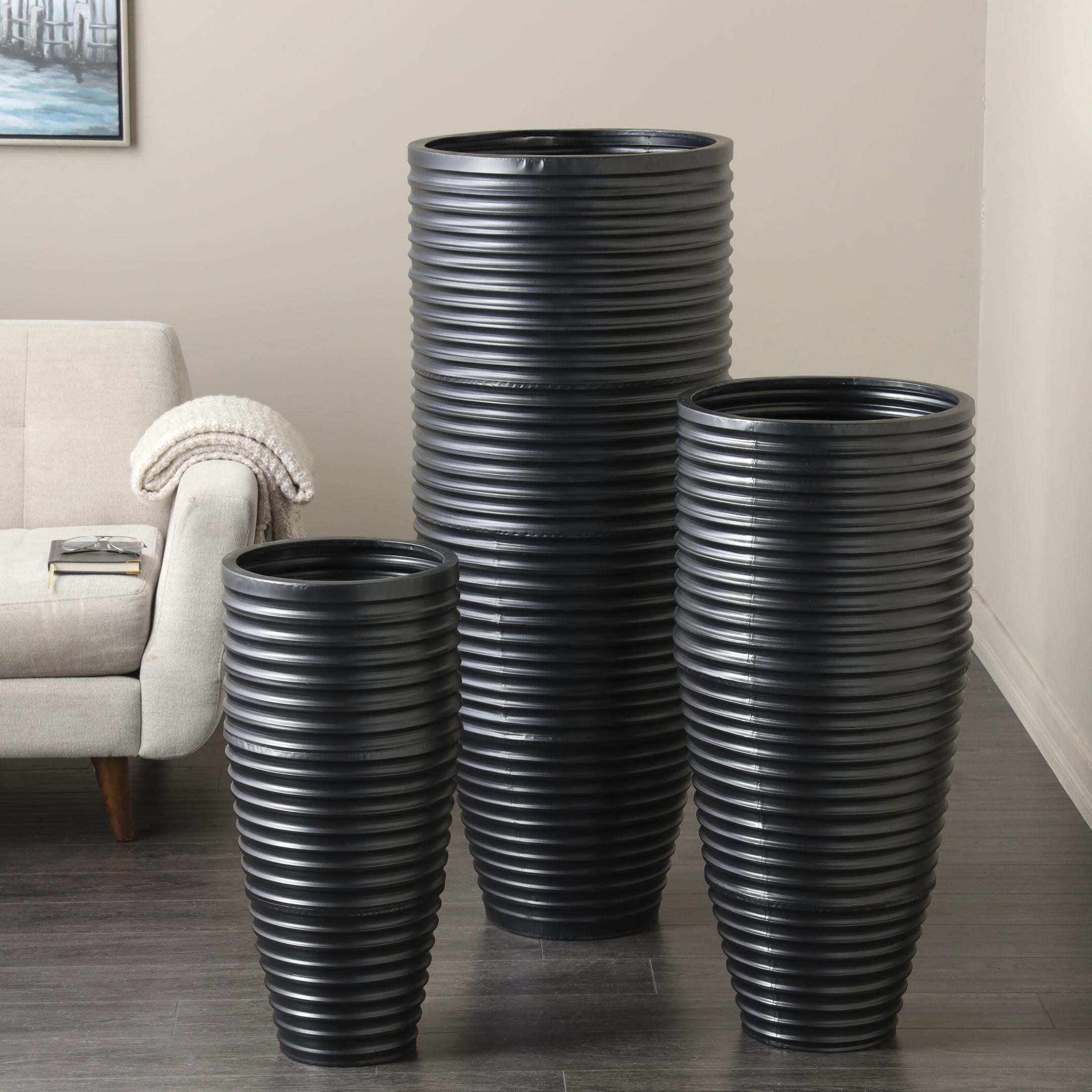 DecMode 46", 35", 27"H Ribbed Tall Floor Black Metal Vase with Horizontal Grooves, Set of 3