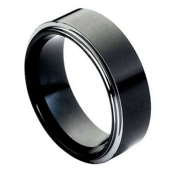 High Polish Black Plated Tungsten Stepped Edge Band Ring Size 9