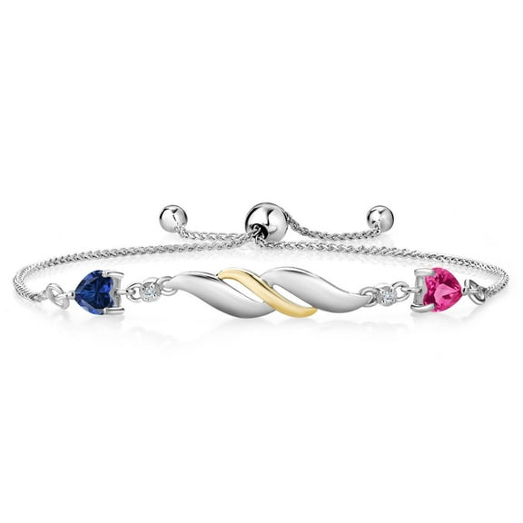 Gem Stone King 1.12 Ct Blue Created Sapphire Pink Created Sapphire and Lab Grown Diamond 925 Silver and 10K Yellow Gold Bracelet for Women