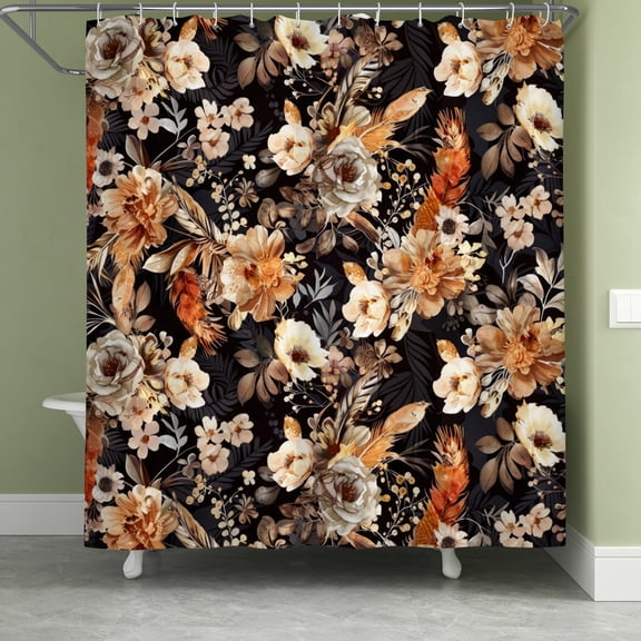 Lfeey Vintage Floral Shower Curtain, Black Boho Rustic Bathroom Curtain with Hooks, 72" x 84"