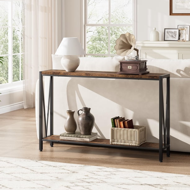 Yeshouse Consola Industrial, mesa de entrada de 2 estanterías con almacenamiento, mesa de sofá estrecha con diseño de V, mesa de consola de 43" para entrada, sala de estar, pasillo, vestíbulo
