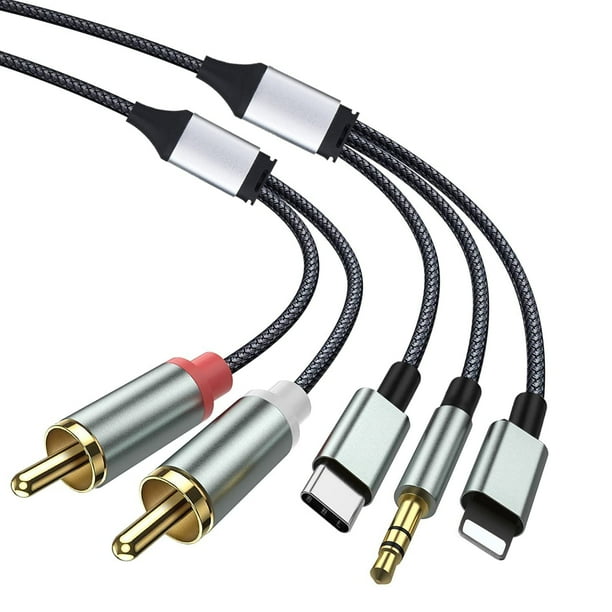 Adaptador de cable de audio auxiliar para iPhone a RCA, cable RCA a 3,5 mm, cable de audio USB C a 2 RCA, para amplificador de potencia, coche, cine en casa, altavoz y más