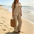 thumbnail image 4 of Two Piece Lounge Sets for Women Fashion Buttons Side Slit Solid Color Round Neck Short Sleeve Tops Elastic Waist Pants Sets Lounge Sets Wide Leg Pants Sets with Pockets, 4 of 7