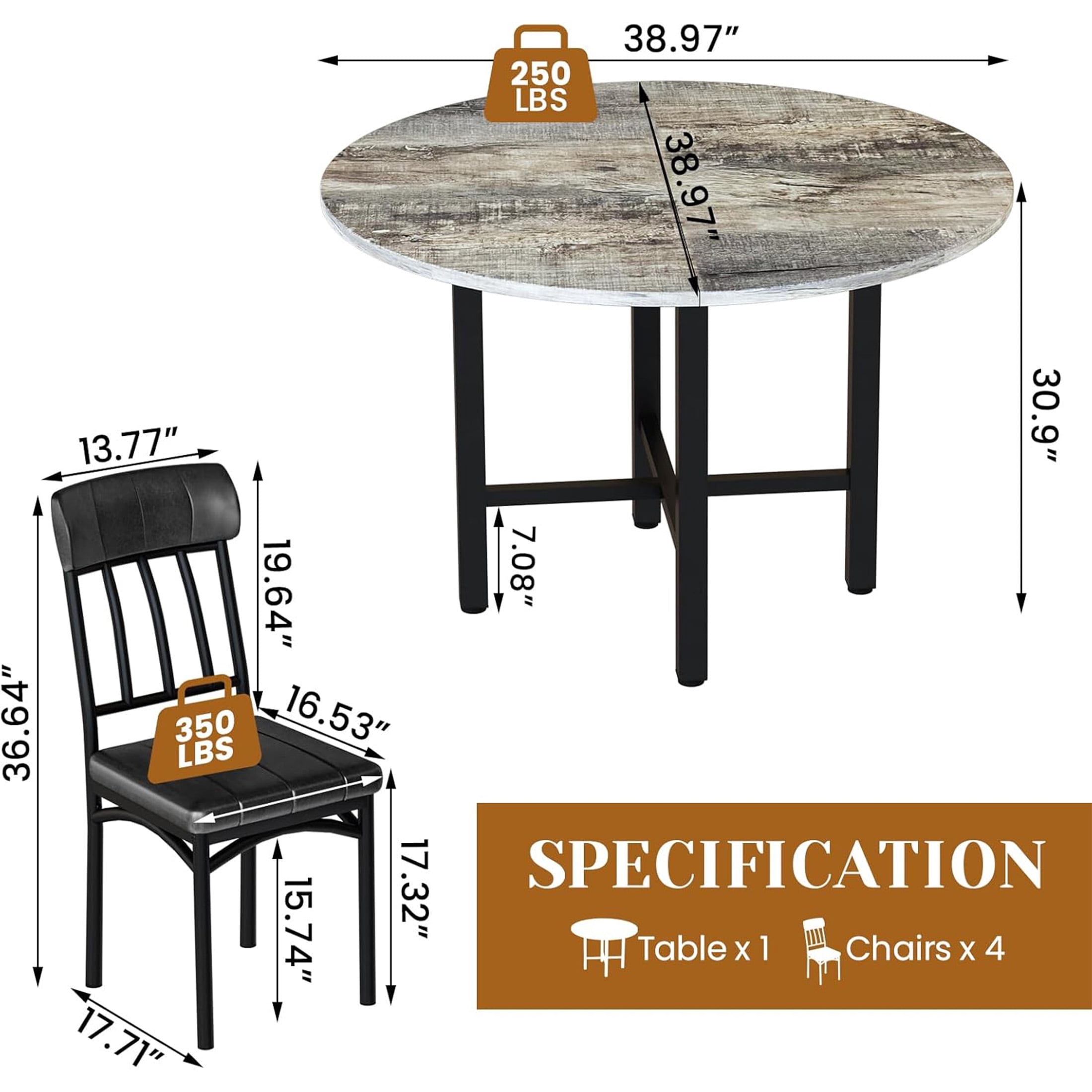 LinkRomat Round Dining Table Set for 4, Modern Dining Room Sets with 4 Faux Leather Chairs, Kitchen Dinner Wooden Table & Chair Set for Small Space, Grey