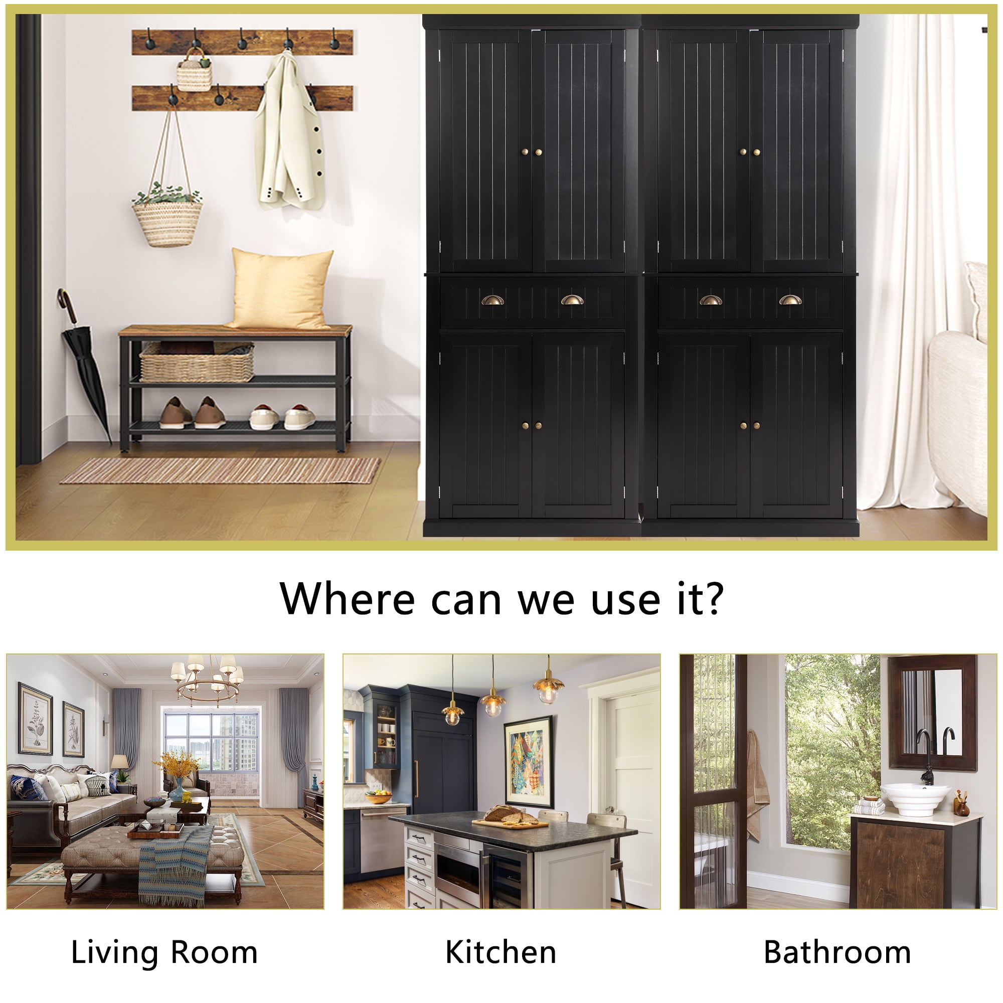 KIGOTY 72'' H Tall Kitchen Pantry with 4 Doors ,A Large Drawer Freestanding Pantry Cupboard Black Storage Cabinet for Dining Room ,Office
