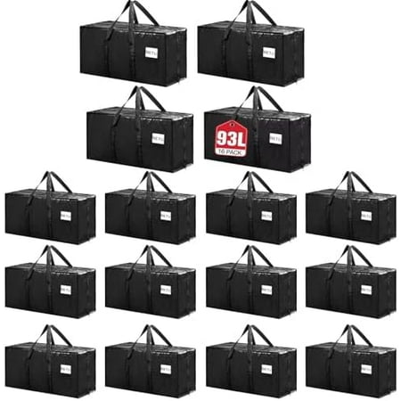 Extra Large Moving Bags Heavy Duty Storage Bags with Zipper Handles, 16 Pack Clothes Storage Totes Bins Packing Moving Boxes, Moving Supplies for College Dorm Essentials, Space Saving, Black