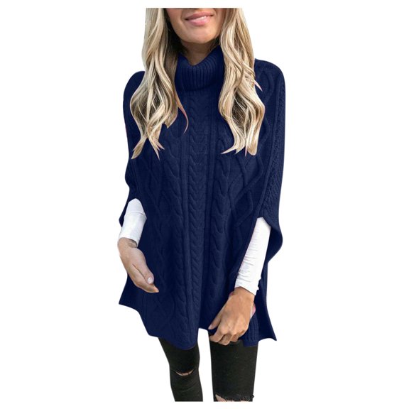 TFEOQRY Women's Pullover Sweater Solid Color Loose Knitwear Long Sleeved Turtleneck Sweater Top Navy