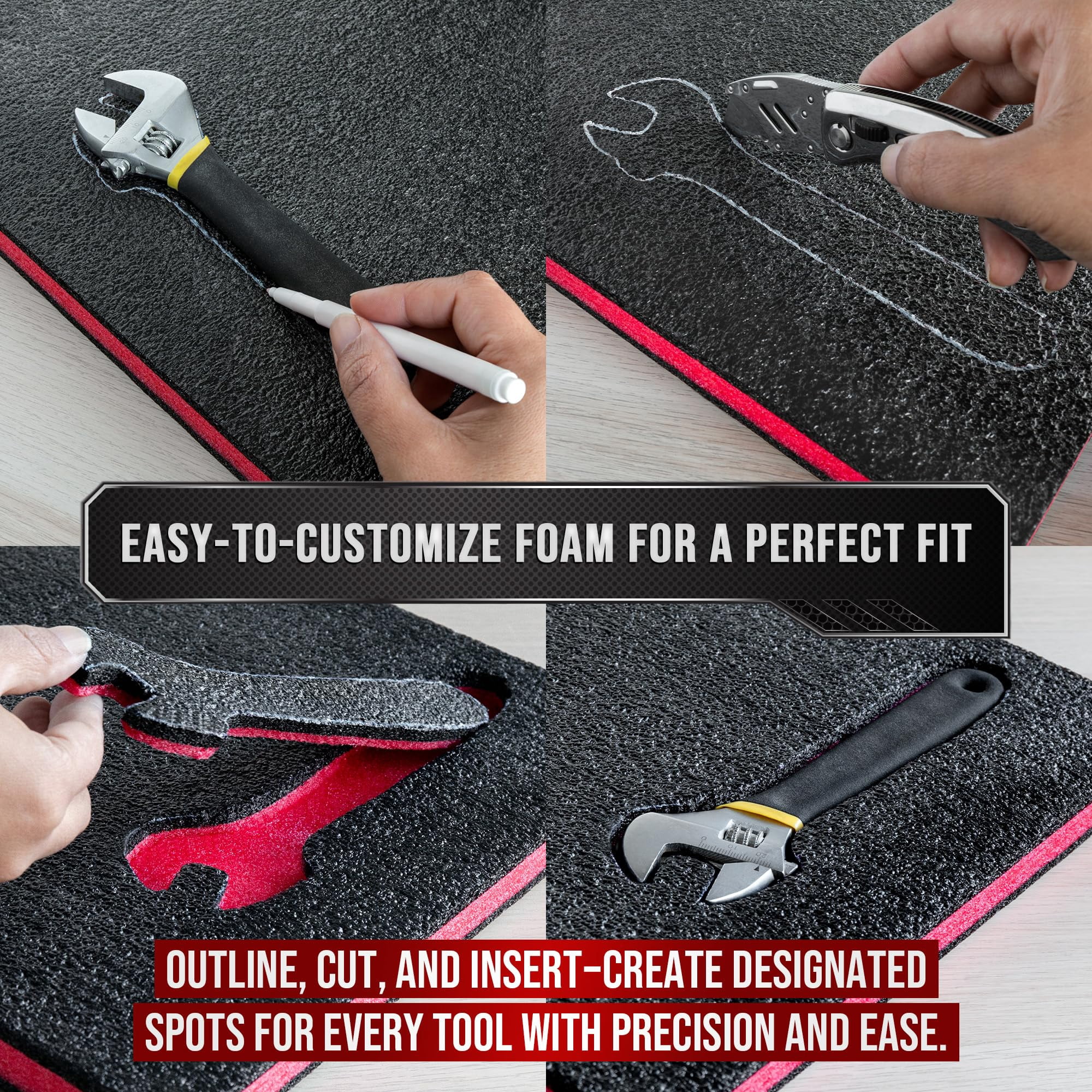 Precision Defined Tool Box Foam - Protective Inserts for Cases, Polyethylene Tool Foam for Cases, Cushion Insert for Toolboxes - 16" Black/Red (4 pack)