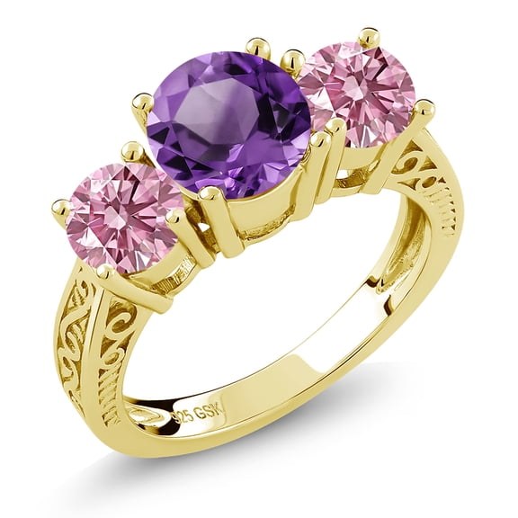 Gem Stone King 2.20 Ct Purple Amethyst Pink Lab Grown Diamond 18K Yellow Gold Plated Silver Ring (Size 5)