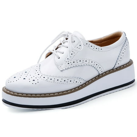 

DADAWEN White Patent Lace-up Square Toe Women s Platform Flats Shoes Casual Oxfords for Ladies Size 7.5 US