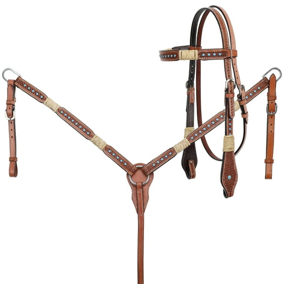 Showman Rawhide Braided Basketweave Tooled Leather Headstall & Breast Collar Set w/ Turquoise Studs