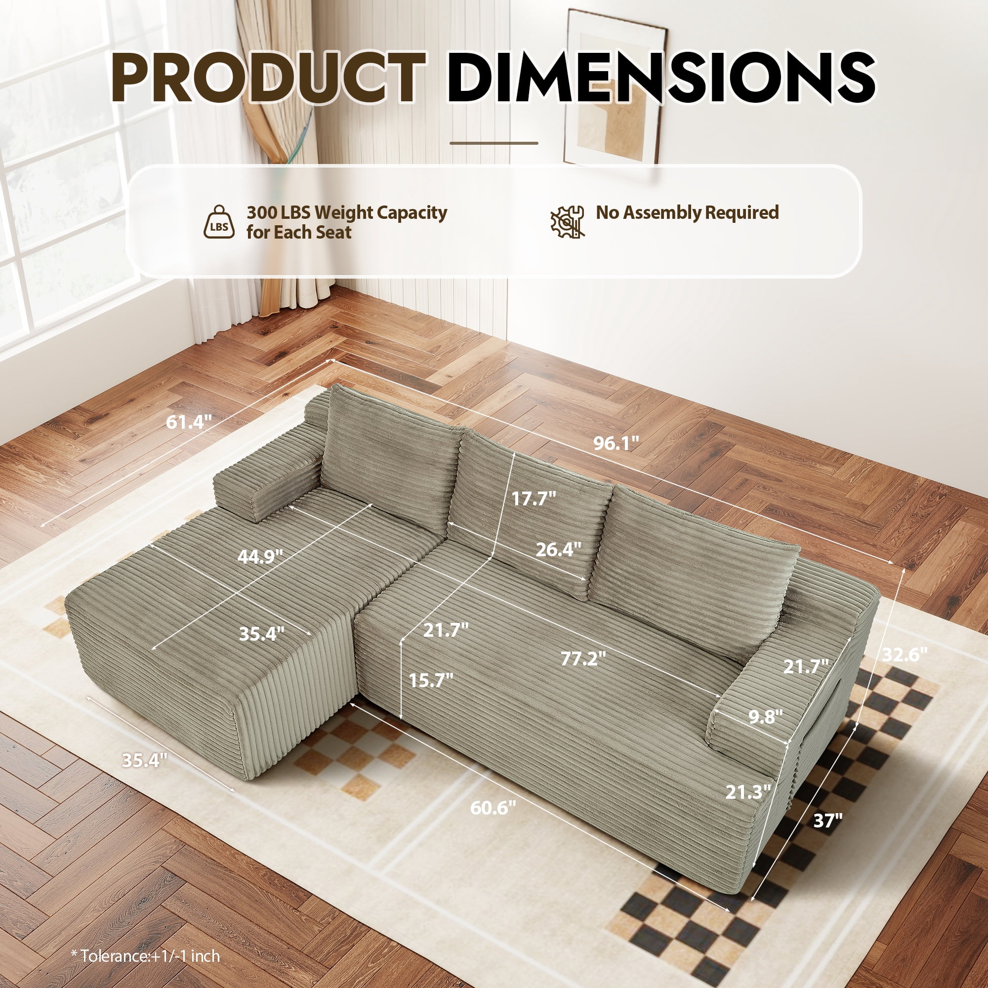 Aukfa 96" L-Shaped Cloud Sectional Sofa, Modular Boneless Couch with Deep Seat, Left-Facing Chaise, Corduroy Sleeper Sofa for Living Room, Camel