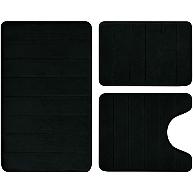 CPDD Black Memory Foam Bathroom Rug Set 3 Piece Non Slip Extra Absorbent Shaggy Bathroom Mats and Rugs Sets, Soft & Dry Bath Mat Sets for Bathroom Washable Carpets Set Black 3 Pieces Set