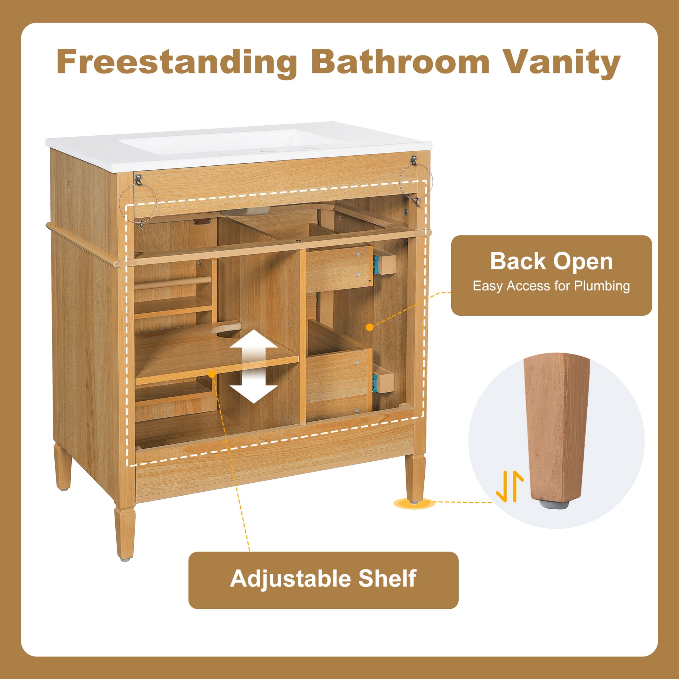 30" Bathroom Vanity with Sink, Solid Wood Vanity Cabinet with Flip-Out Drawer, 2 Drawers and 1 Soft-Close Door, Natural Wood