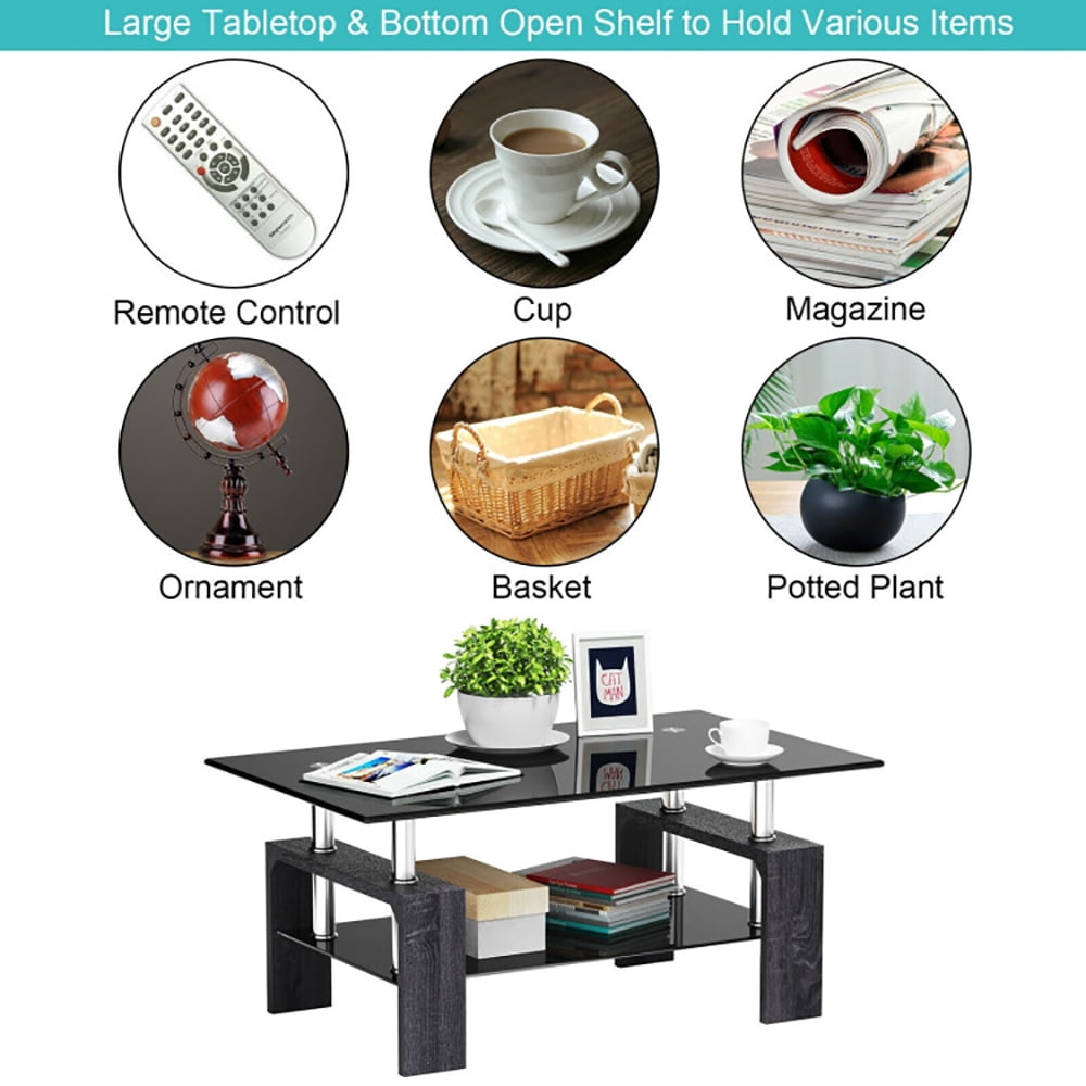 Finihen Wooden Coffee Table, Rectangular Tempered Glass Coffee Table with Shelf, for Living Room, Reception Room, Office, Gray