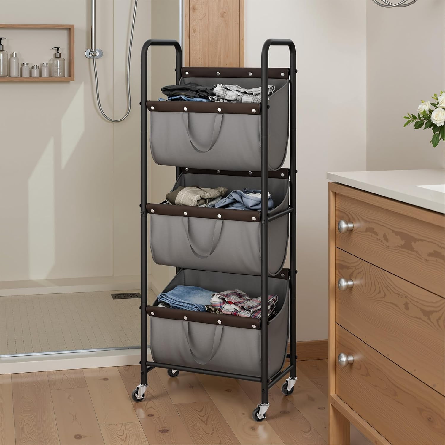 GRANNY SAYS 3 Tier Laundry Basket with Wheels, 120L Rolling Laundry Hamper Sorter, Metal Frame Laundry Organizer, 3 Bin Removable Bags, Gray