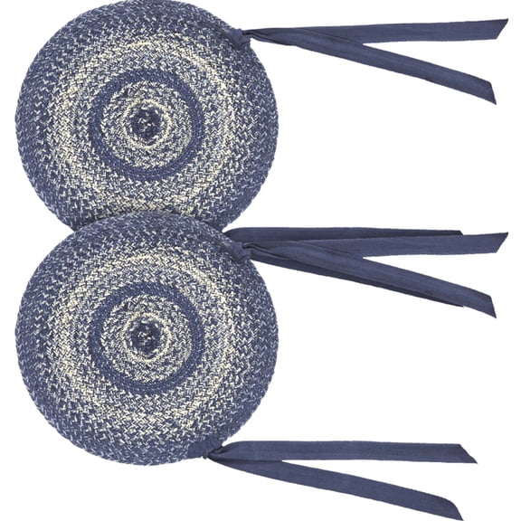 VHC Brands Great Falls Blue Round Seat Cushion Chair Pad, Blue White, Jute Blend with Ties, Set of 2, 15x15 Inches