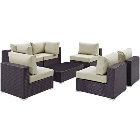 Modern Contemporary Urban Design Outdoor Patio Balcony Seven PCS Sectional Sofa Set, Beige, Rattan