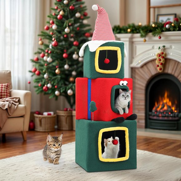 Cat House DWVO de 3 plantas para gatos grandes de interior, 60 cm de altura, color verde