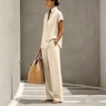 thumbnail image 6 of Cagogo Women Plus Size 2 Piece Short Sleeve Set Loose Open Front Shirt Wide Leg Pants Casual Summer Boho Vacation Outfits Cruise Airport Travel Clothes Solid Lounge Matching Sets, Khaki L, 6 of 7