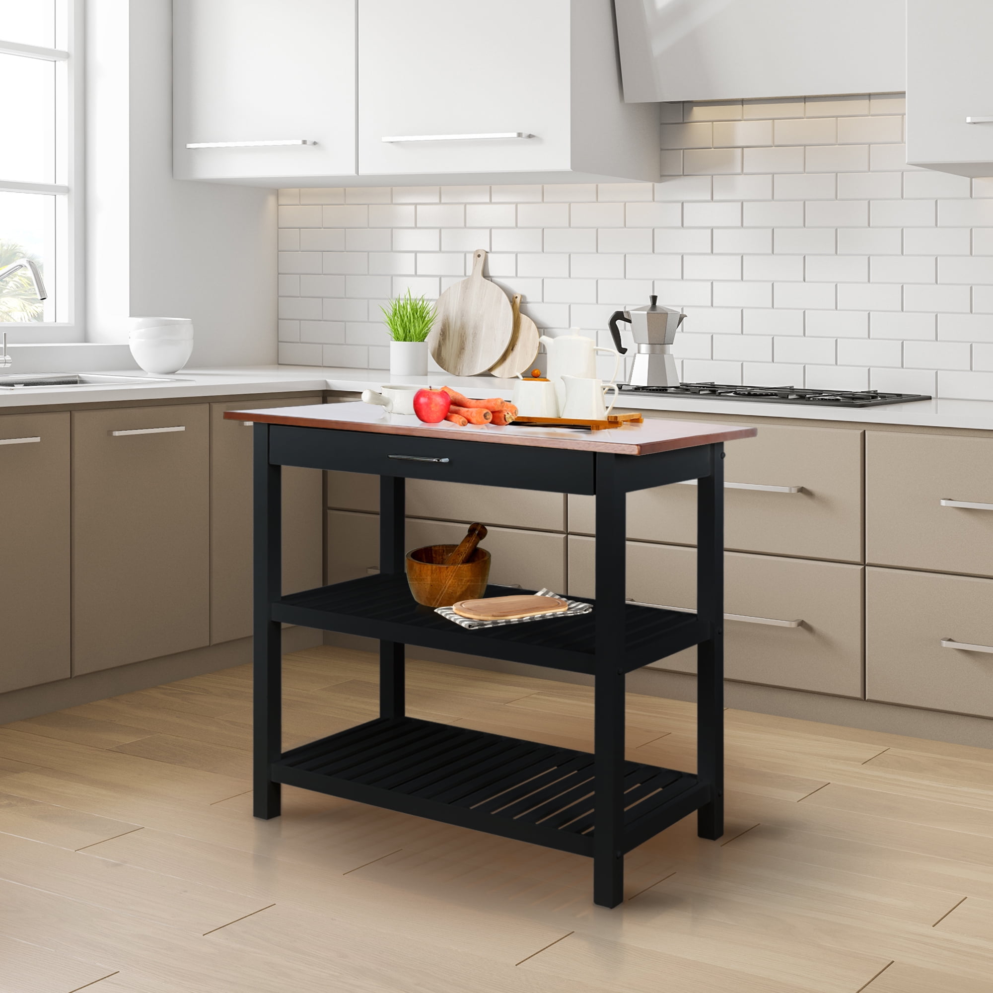 Casual Home Solid Wood 40"W Kitchen Island with Drawer, Two Shelves, and Towel Racks, American Maple Top,&nbsp;Two-Tone Finish (Walnut Black)
