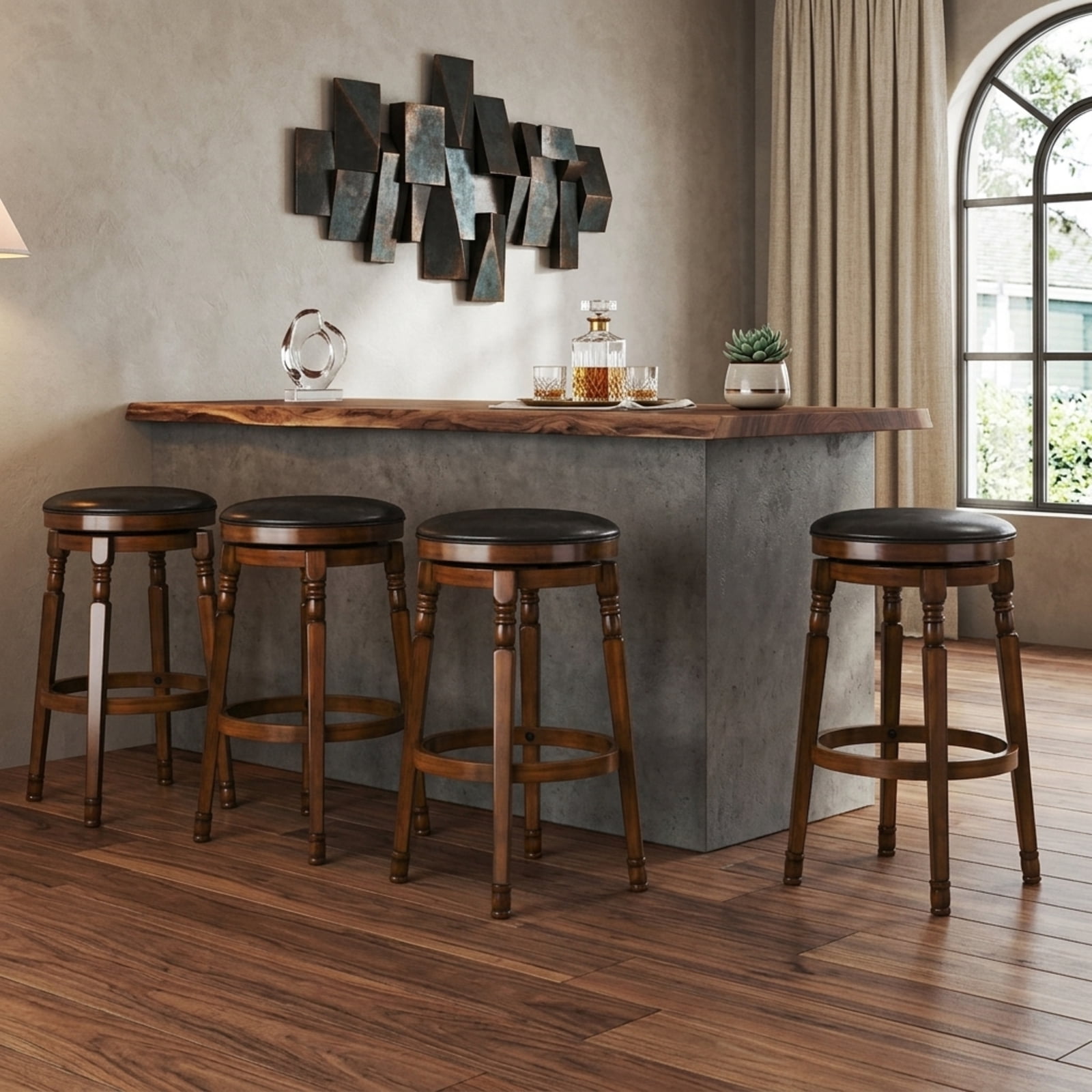 Furnibear Set of 2 29-Inch Swivel Leather Padded Dining Bar Stools for Kitchen Island Counter Bar Pub Dining Home, Walnut