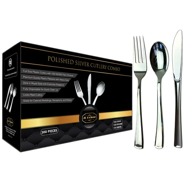 JL Prime 300 Silver Plastic Silverware Set, Silver Plastic Cutlery Set