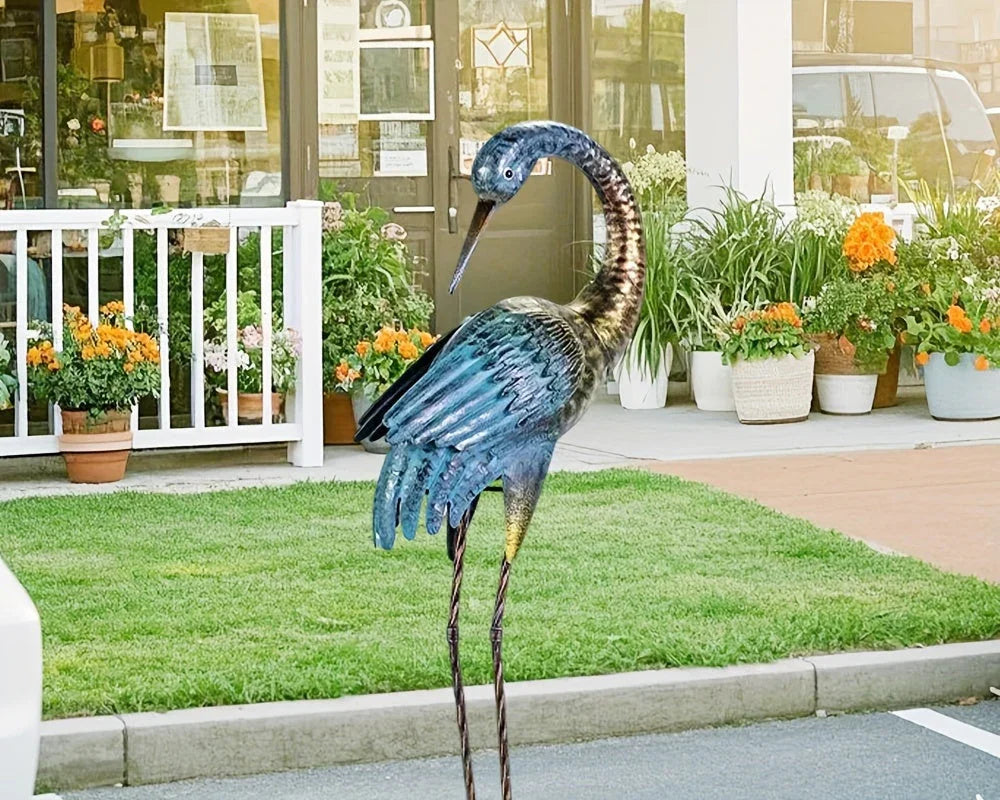 House of Avana Blue Gold Metal Crane Garden Sculpture Elegant Outdoor Decor