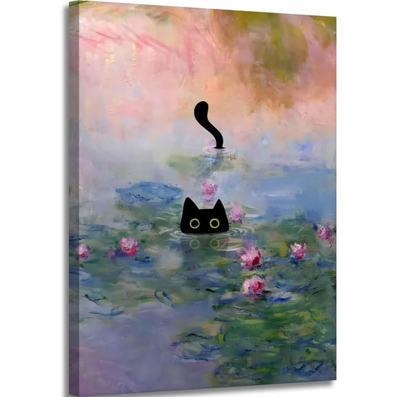 Aaheei Funny Black Cat Canvas Wall Art Picture Black Cat in the Pink Water Lily Evening Painting Vintage Preppy Aesthetic Animal Posters Prints for Living Room Bedroom Bathroom Decor