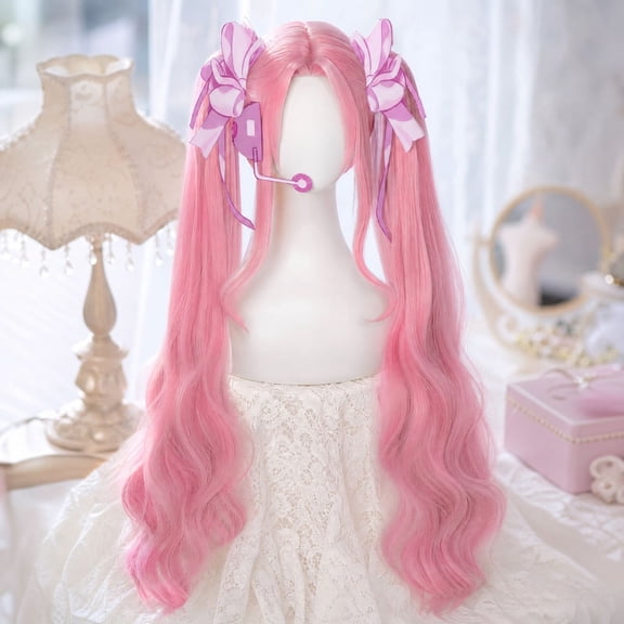 Long Wavy Pink Double Ponytail Wig Pink Twin Tail Cosplay Wig with Bow for Anime Idol Role Play and Photography