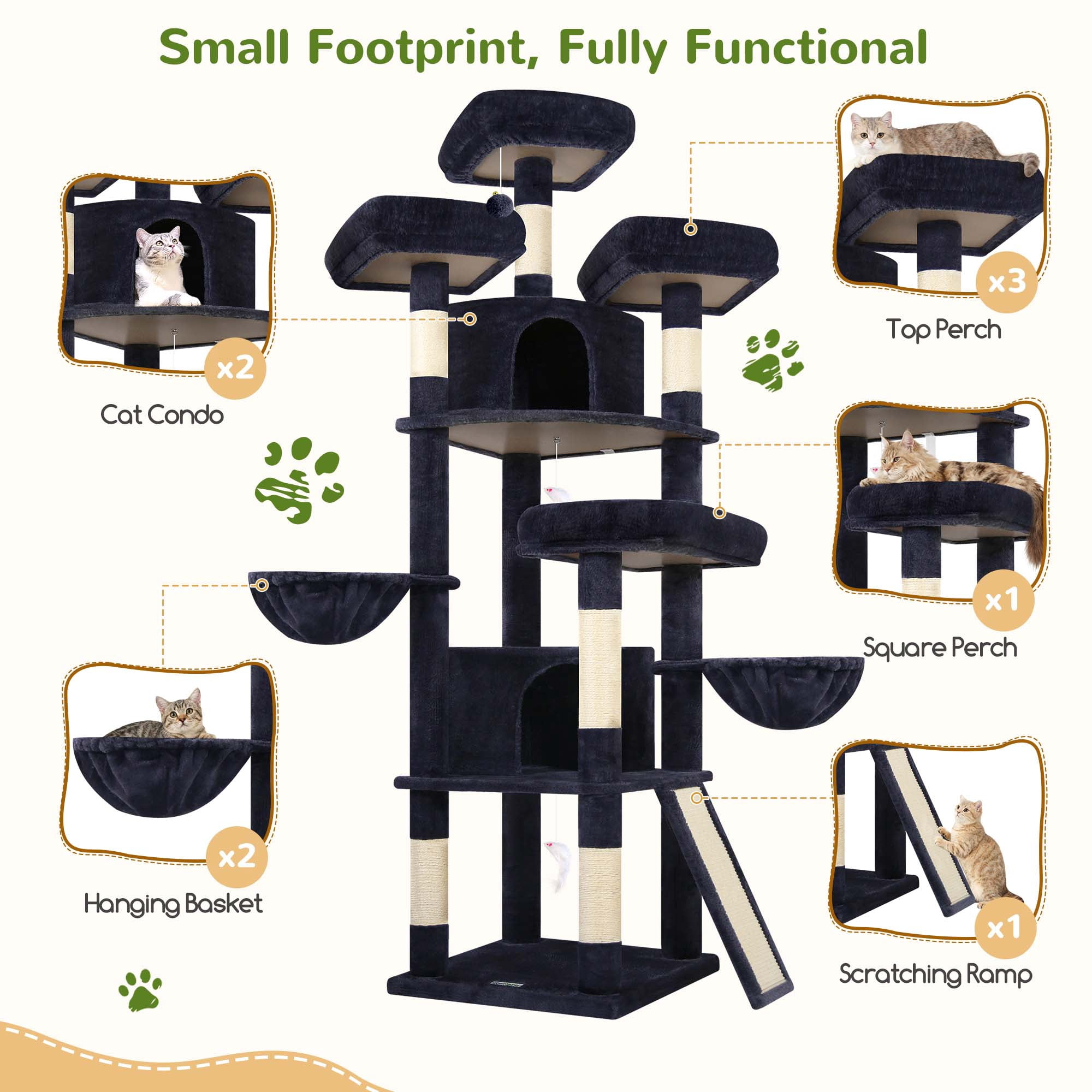 Globlazer 80'' Multi-Level Large Cat Tree Tower for Large Cats with 2 Condos, 2 Hammocks, 3 Perches & Sisal Scratching Posts, Dark Grey